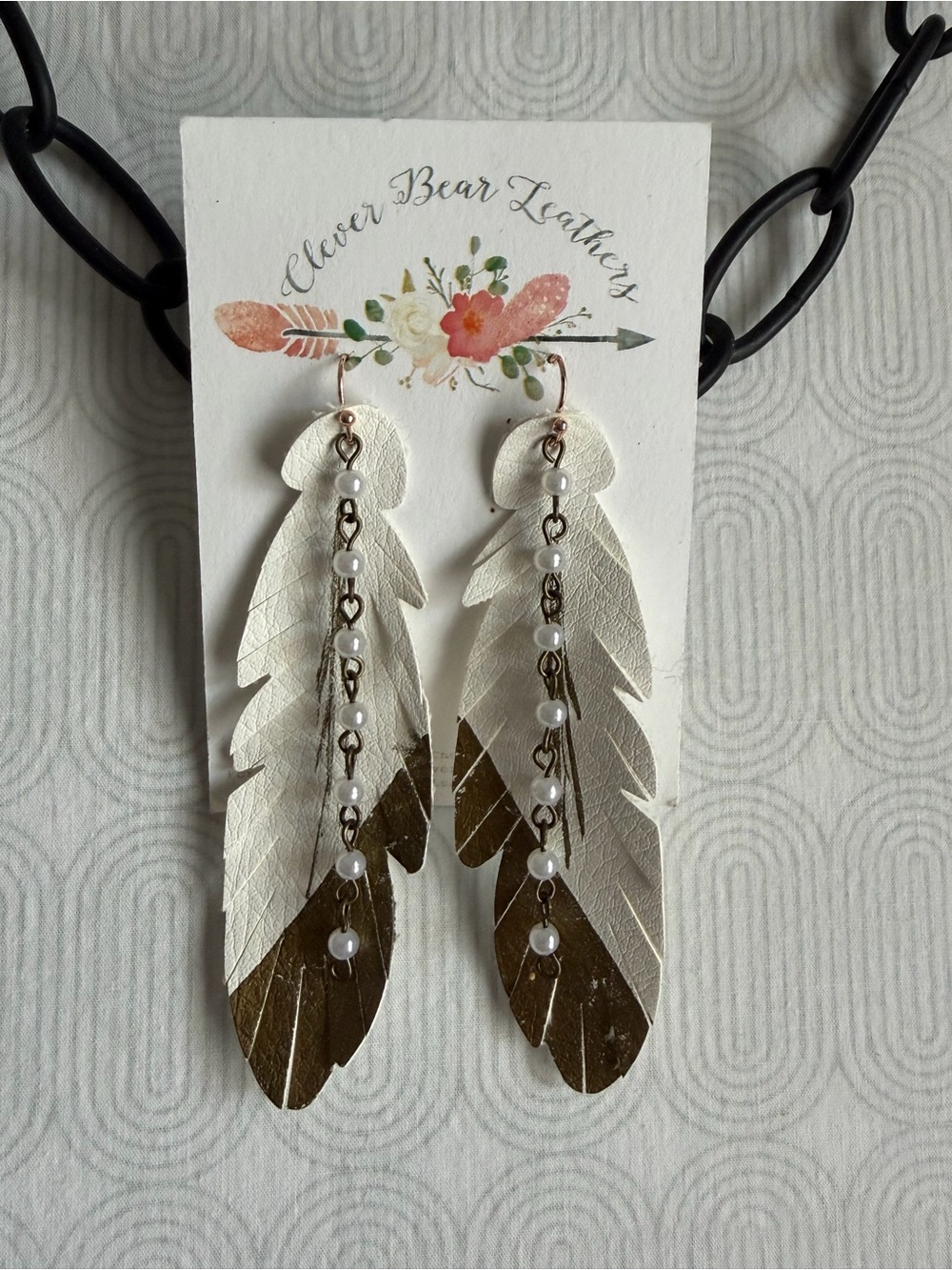 Clever Bear Leather White & Gold Feather Drop Earrings